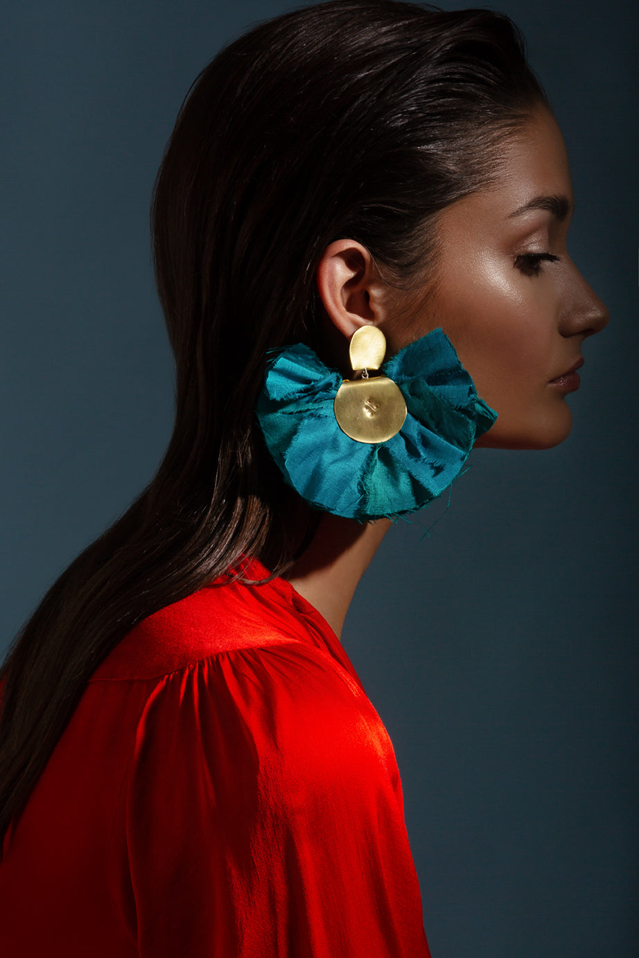 Grande Silk Fan Earrings | Deep Teal